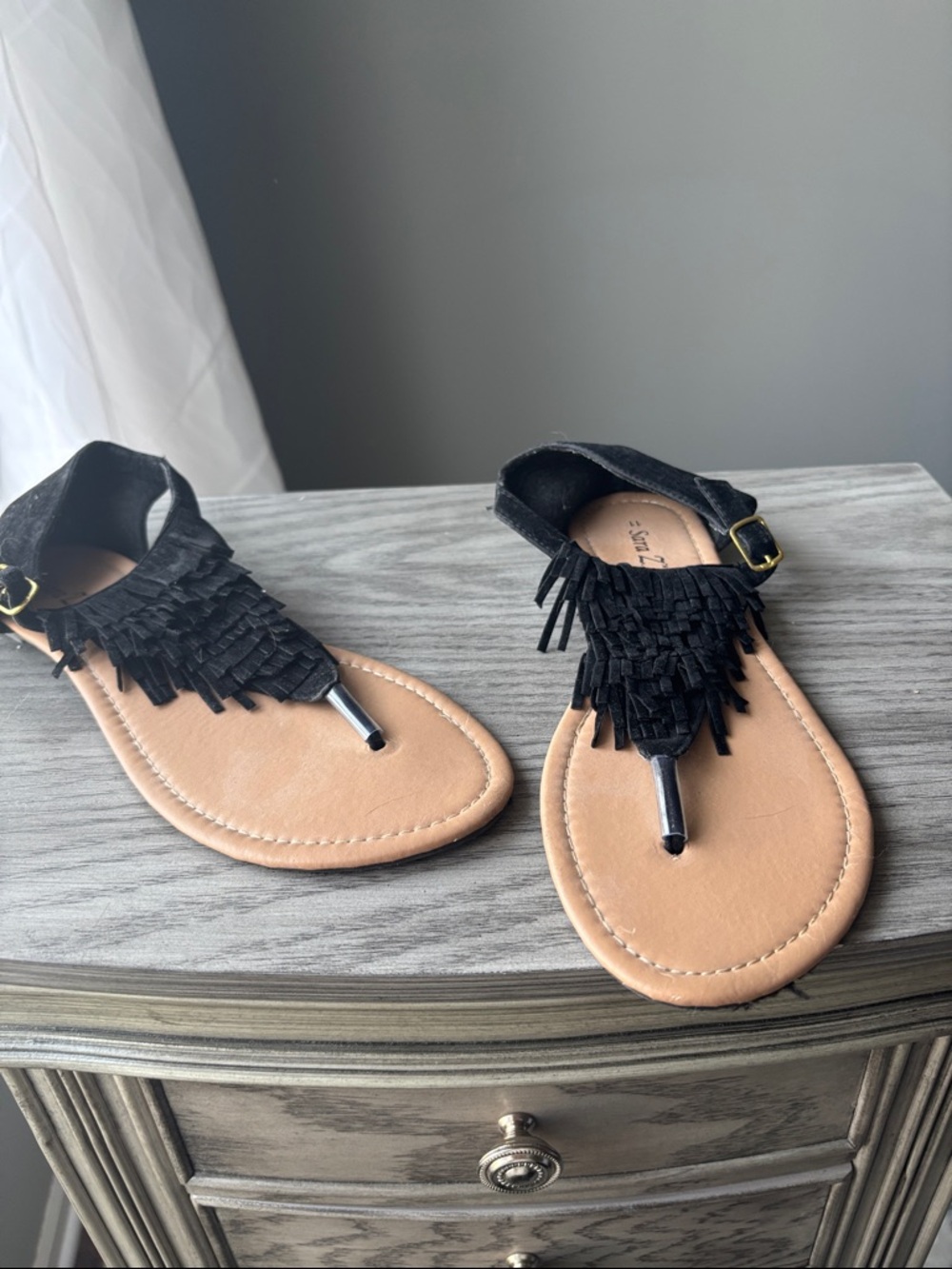 Sara Black Fringe Thong Sandals with Tan Footbed